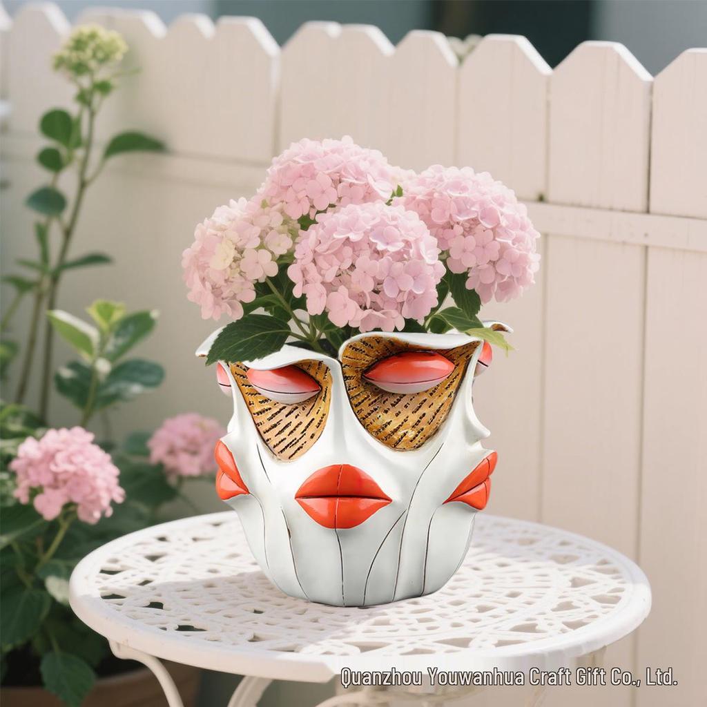 Abstract Red Lips Face Flower Pot: Resin Ornament for Courtyard, Balcony, or Garden Bonsai.
