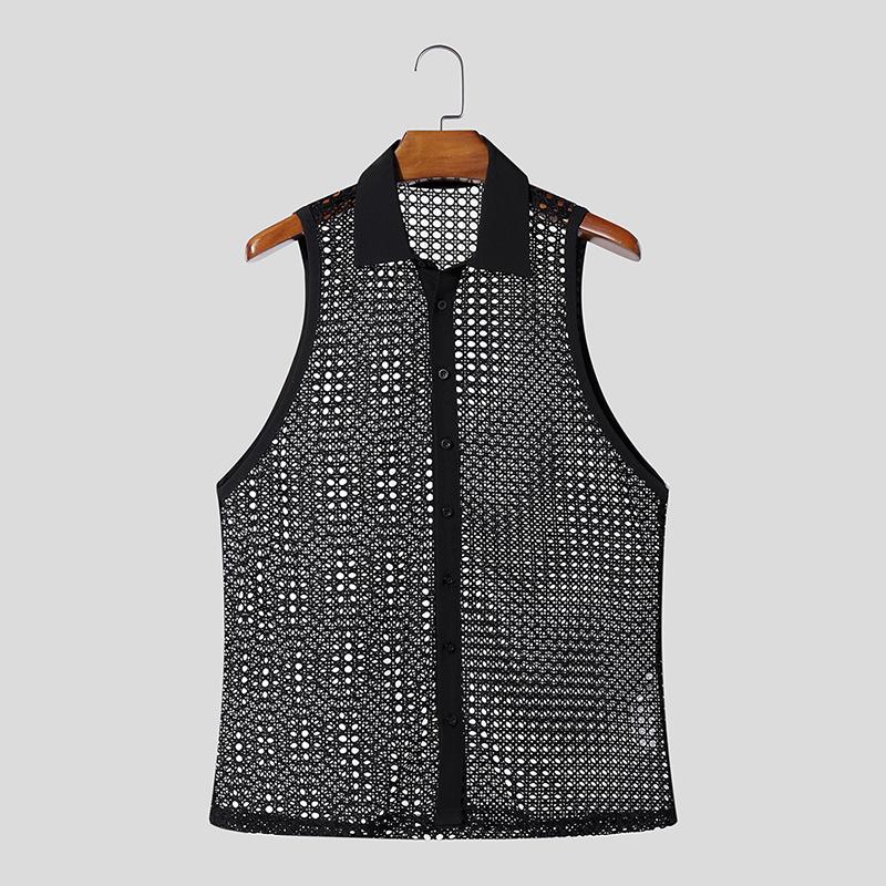 

INCERUN Men Lapel Neck Sleeveless Buttons Up Hollow Out Casual Beach Tank Tops S чорний