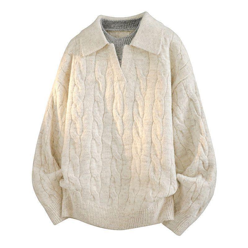 Men Fake Two Piece V Neck Twisted Knit Long Sleeve Casual Polo Sweater