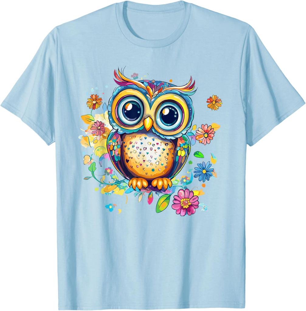 Vibrant Owl With Colorful Flowers Graphic T-Shirt Casual Cotton Print Crewneck Tee