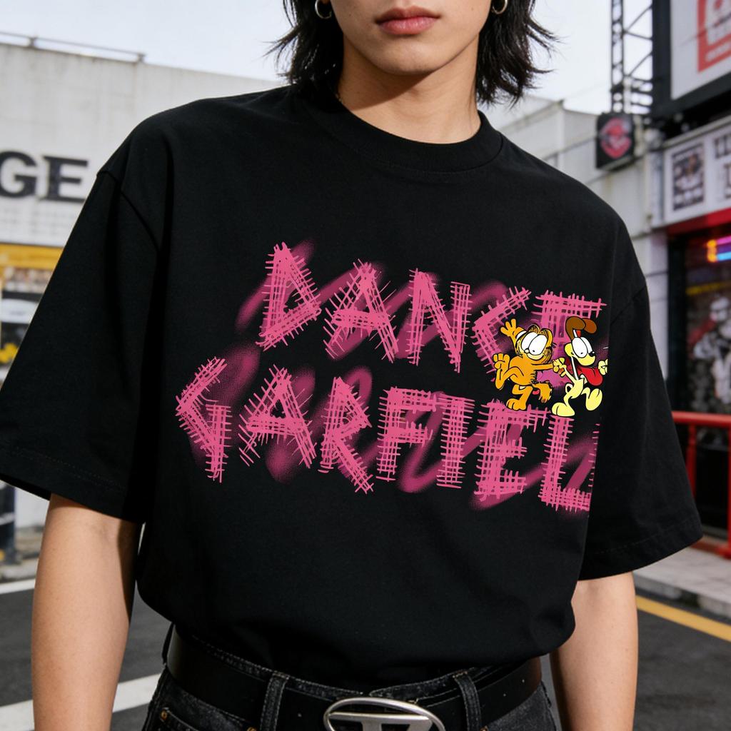 Garfield & Odie "DANCE GARFIELD" Graffiti Print Short Sleeve T-Shirt, American Streetwear Brand Heavyweight Cotton Loose Fit Oversized Couple Top