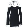 Knitted suspender neck long sleeve sexy hip wrap black short dress women's new European and American dress
