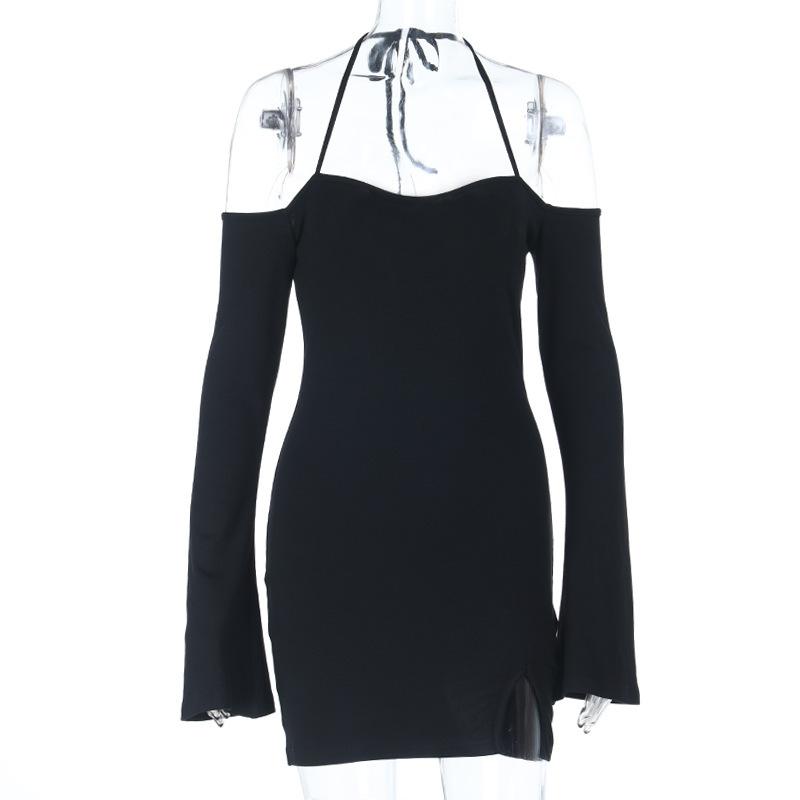 Knitted suspender neck long sleeve sexy hip wrap black short dress women's new European and American dress