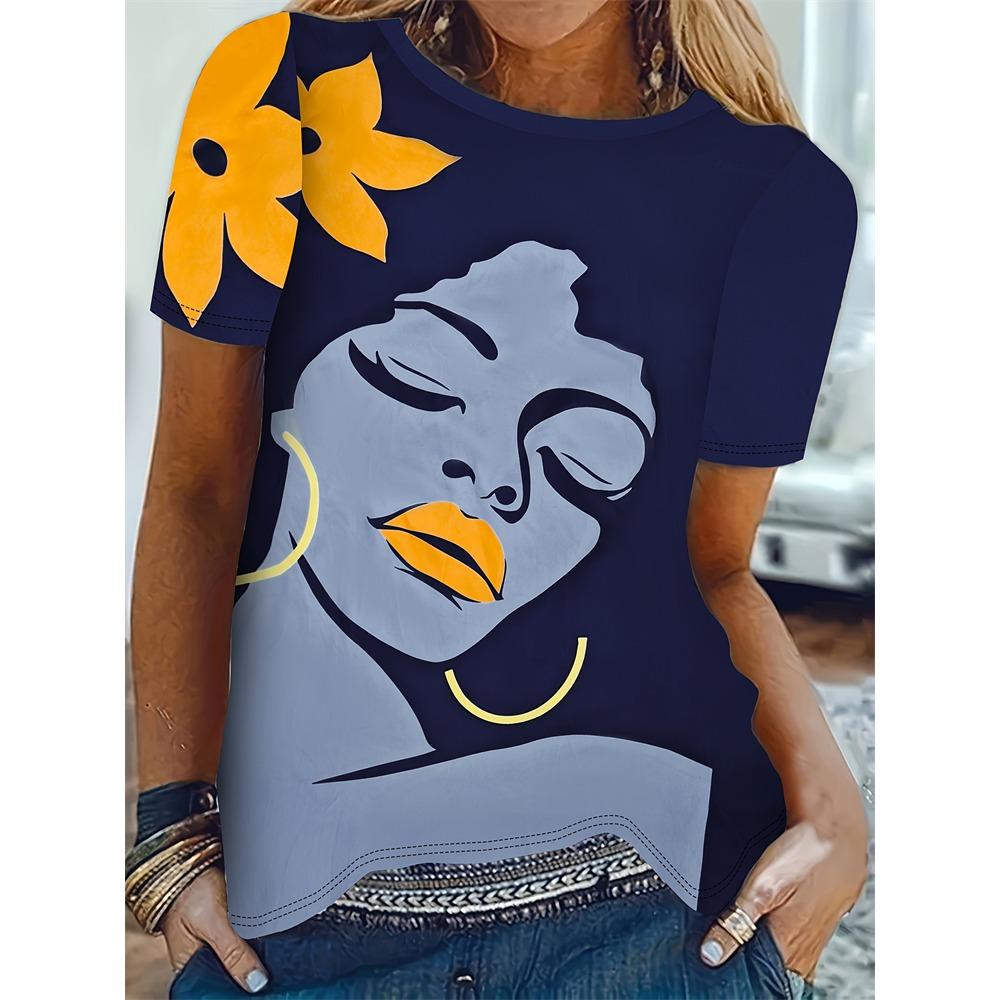 Summer Women's T Shirt Vintage Patchwork Pattern Tee Short Sleeve Women's Casual Short Sleeve Tee Round Neck Commuter Clothing