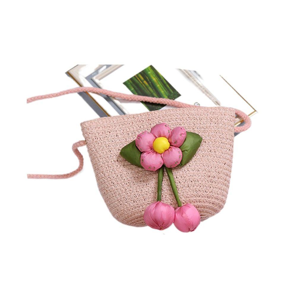 Girl Handmade Woven Straw Bag Summer Coin Purse Flower Storage Basket Zipper Photo Props Crossbody Handbag