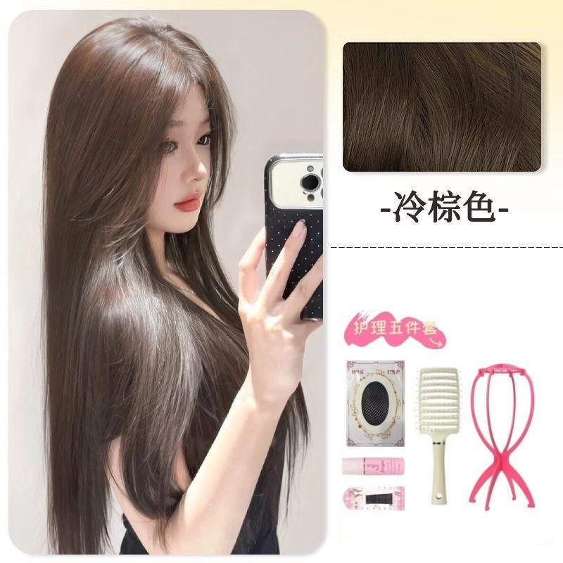 Forehead lace medium point eight-character bangs wig women's full head cover Muse black long straight simulation natural age reduction wig
