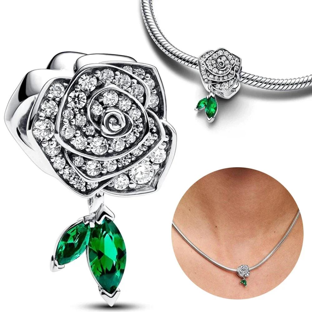 925 Silver Rose Bloom Necklace Earrings Set Women Gift Jewelry Original Charm Beaded Collection