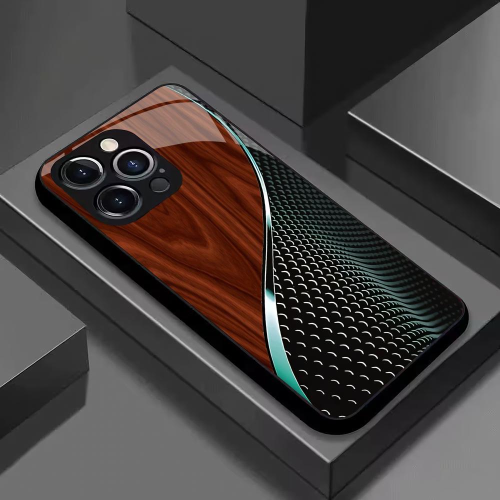 Wood grain line splicing pattern tempered glass phone case suitable for iPhone 17 16 15 14 13 12 11 Pro Max Plus shockproof
