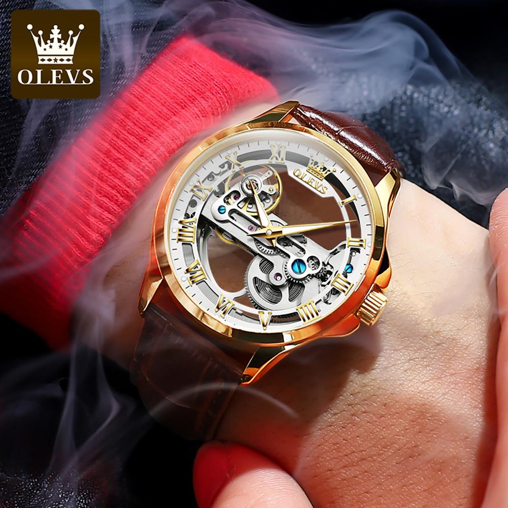 OLEVS 6661 Man Watch Fully Hollow Leather Strap Waterproof Luminous Men's Automatic Mechanical Wristwatches Luxury Business