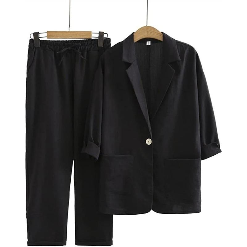 Spring Summer Women Cotton Linen Blazer Suit Solid Notched Long Sleeve Coat+Pants 2pcs Leisure Loose All-Matched Female Sets