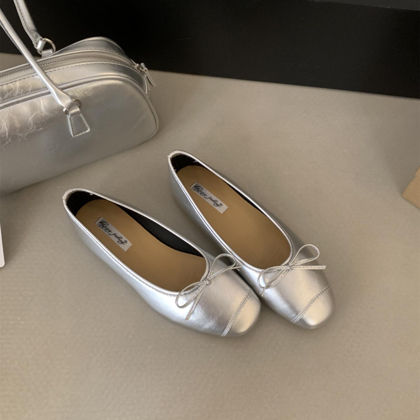 Bailamos Women Flat-Bottomed Small Slip On Single Shoes Spring and Summer Bow Shallow Mouth Shoes Ballet Shoes 35