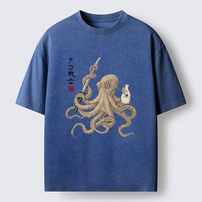 Herren Octopus Samurai und Sake Washed T-Shirt Mode Kurzarm Abfallende Schulter Rundhals T-Shirts Lässige Japanische Oberteile