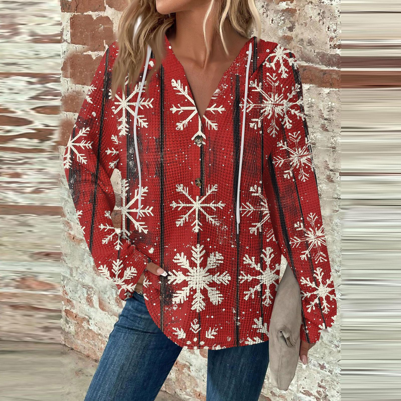 

Женская мода с длинным рукавом, завязками на шнурке, капюшоном, пуговицами, V-образным вырезом, повседневная толстовка с капюшоном и рождественским принтом L красный