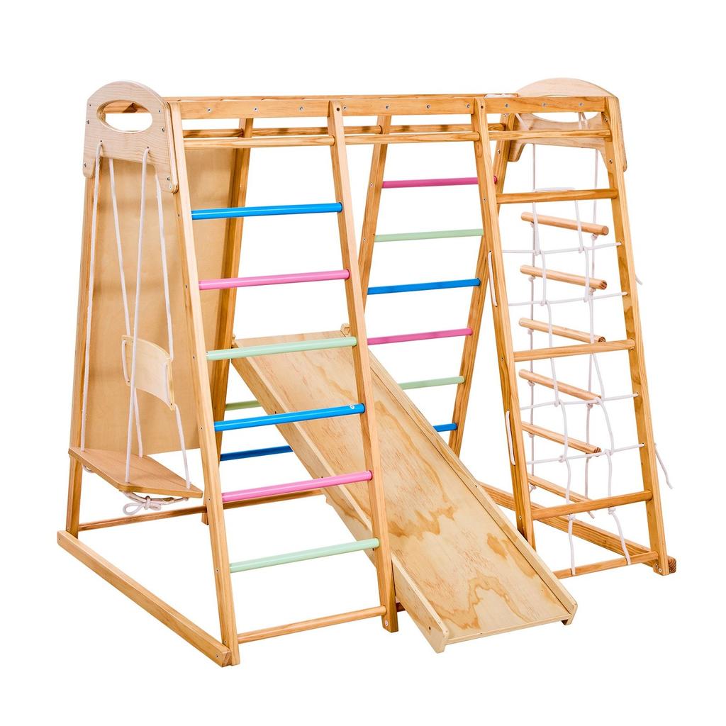 Indoor Playground Jungle Gym, 7-in-1 Wooden Indoor Playground for Kids, 113KG Montessori Climbing Toys Playset with Swing, Monkey Bar, Slide, Wooden