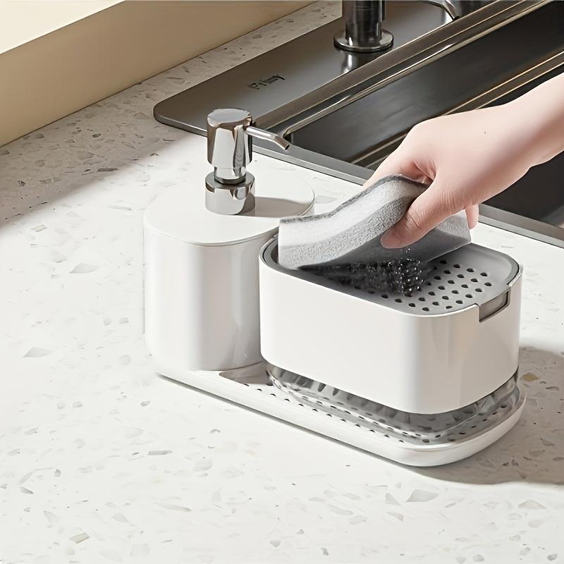 1pc 2-in-1 Compact Kitchen Organizer with Manual Soap Dispenser and Stainless Steel Cloth Holder - Sleek White Countertop Storage Solution