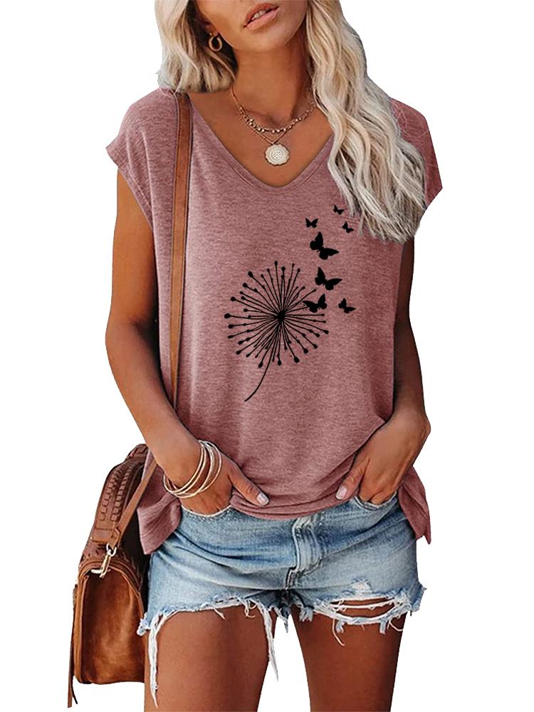 

Женская модная футболка Летний топ с V-образным вырезом и принтом, с коротким рукавом, повседневная футболка для леди XXL розовый