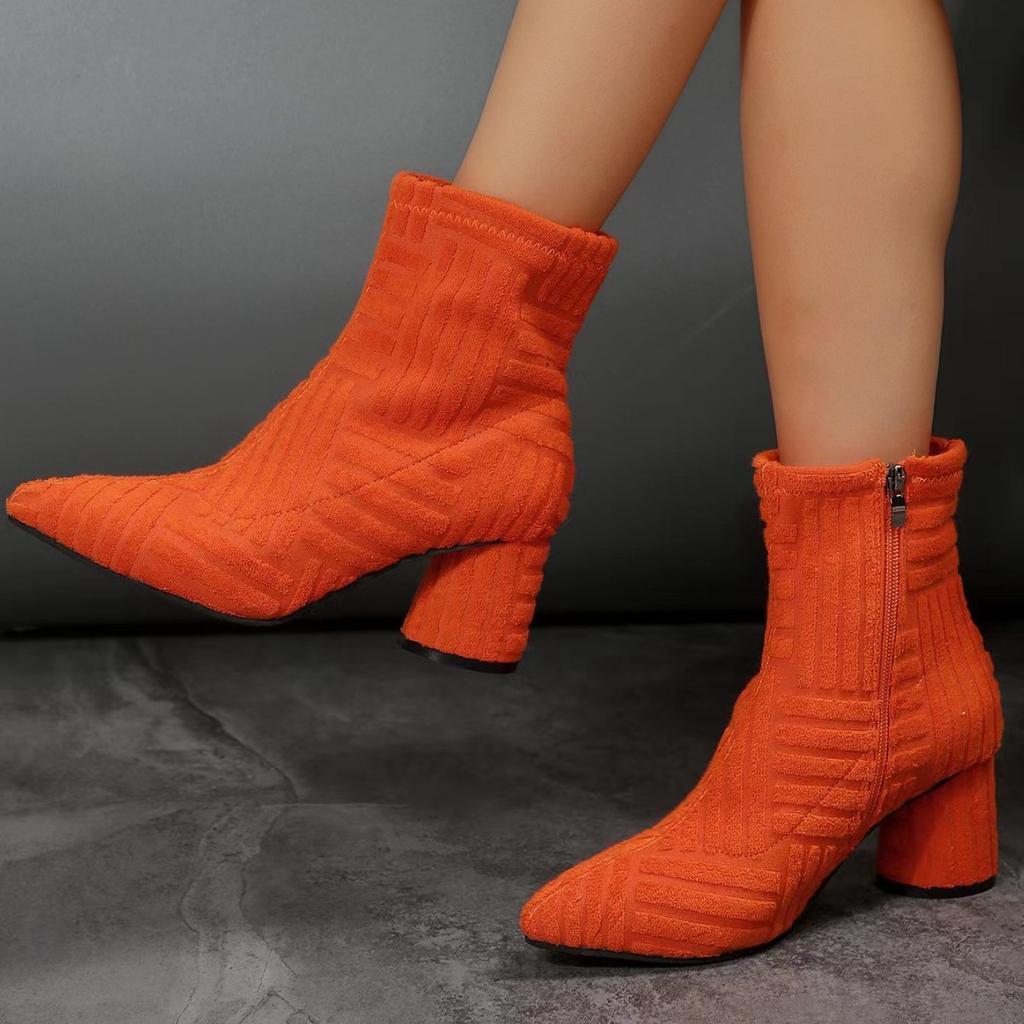 New women's pointed high-heeled short boots fashion suede thick-heeled short boots pointed thin British style towel boots