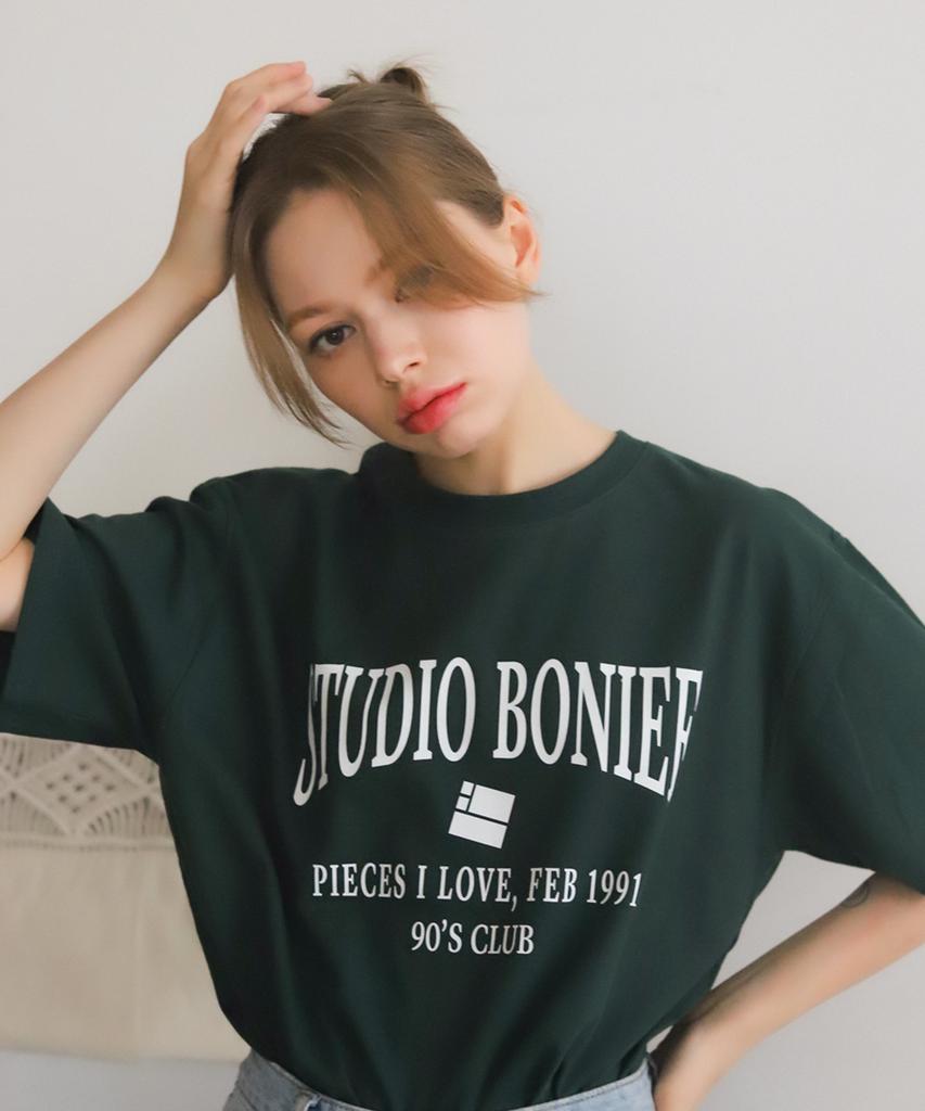 BONIEE Arch Retro Typo Graphic Loose T-Shirt Green