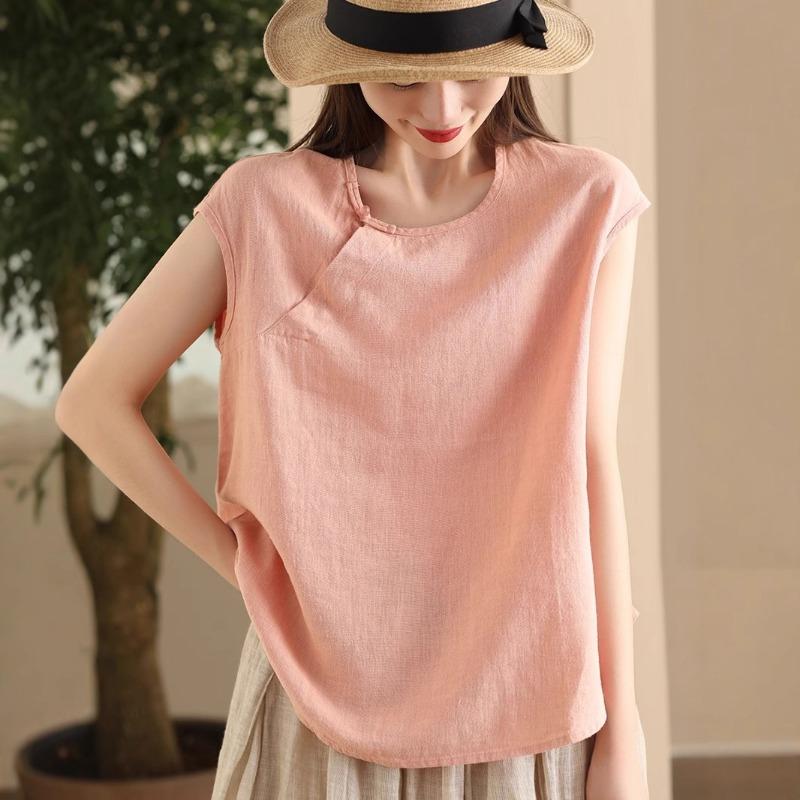 

women linen blend sleeveless top round neck oblique button casual loose fit tank top M розовый