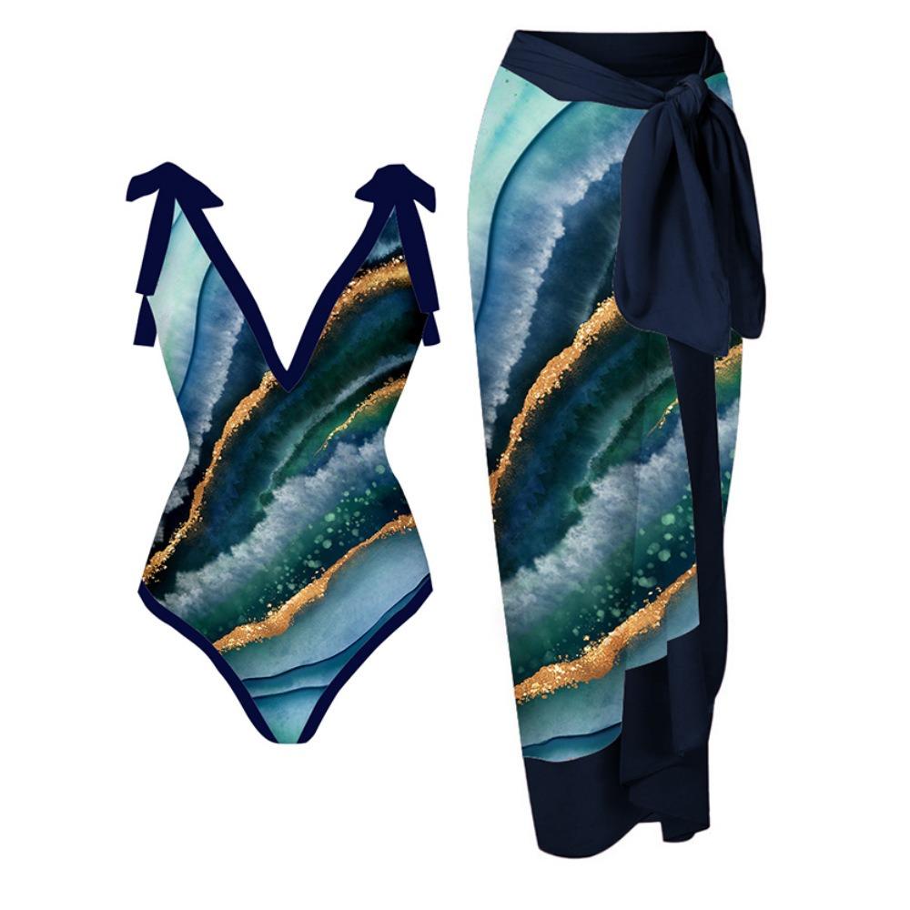 New One-piece Swimsuit Multi-color Printed Hip-wrapped Gauze Skirt Anti-light Two-piece Sunscreen Swimsuit