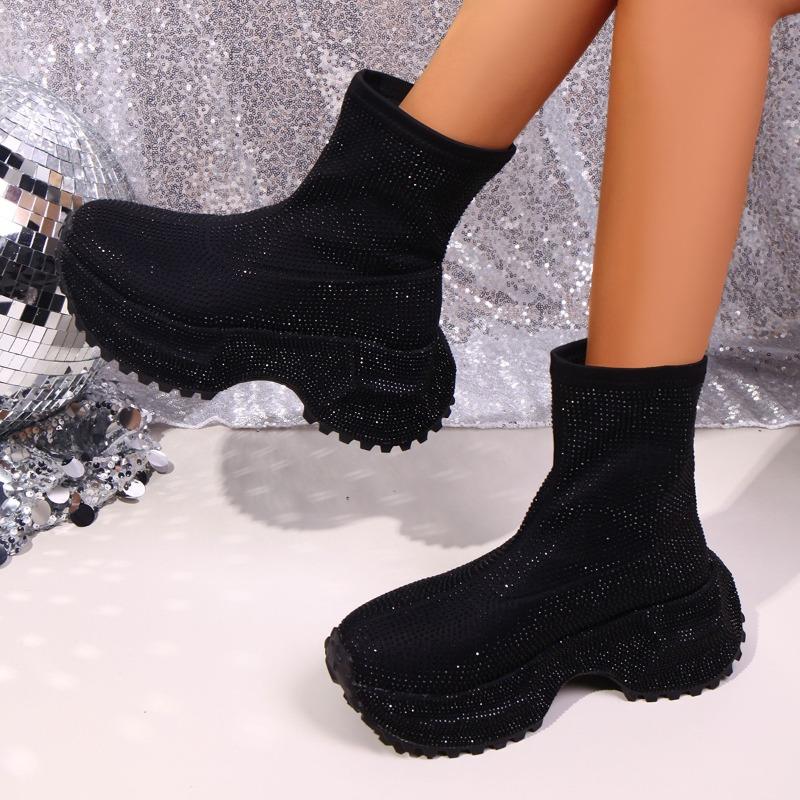 Fashion Full Drill Short Tube Boots Autumn New Round Head Sleeve Platform Anti-slip Wear-resistant Single Boots