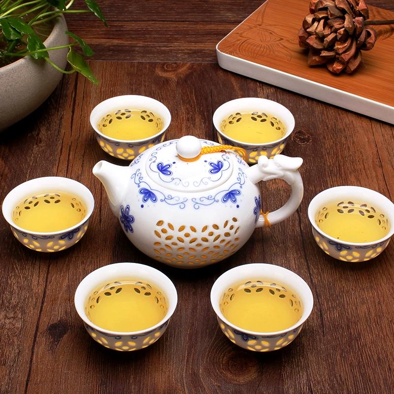 Blue and White Porcelain Hollow Tea Set Linglong Tea Set Teapot Kung Fu San Cai Gai Bowl Household Chinese Style Set