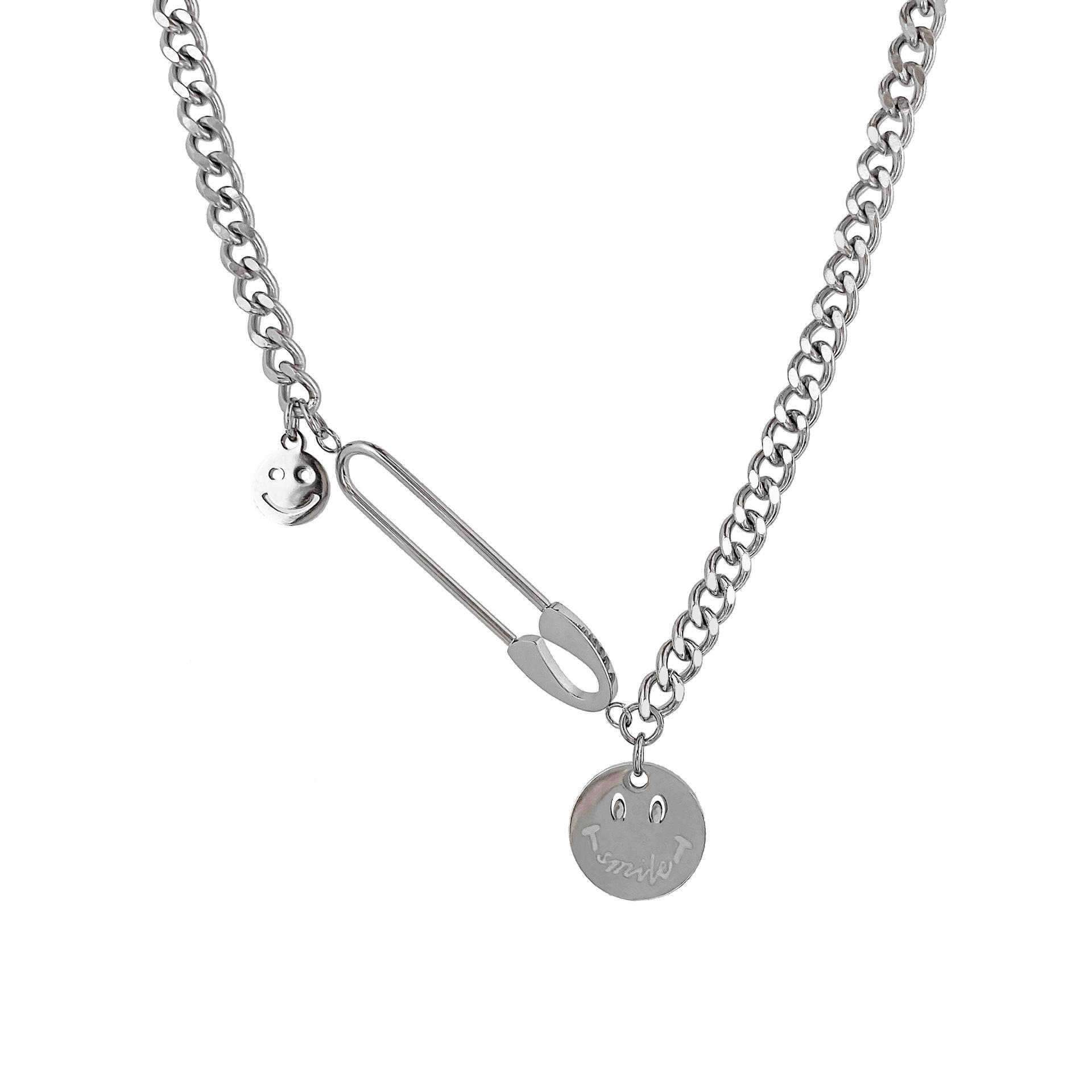 

European and American simple pin smiley face necklace design sense ins cold trend Internet celebrity personality short URL accessories