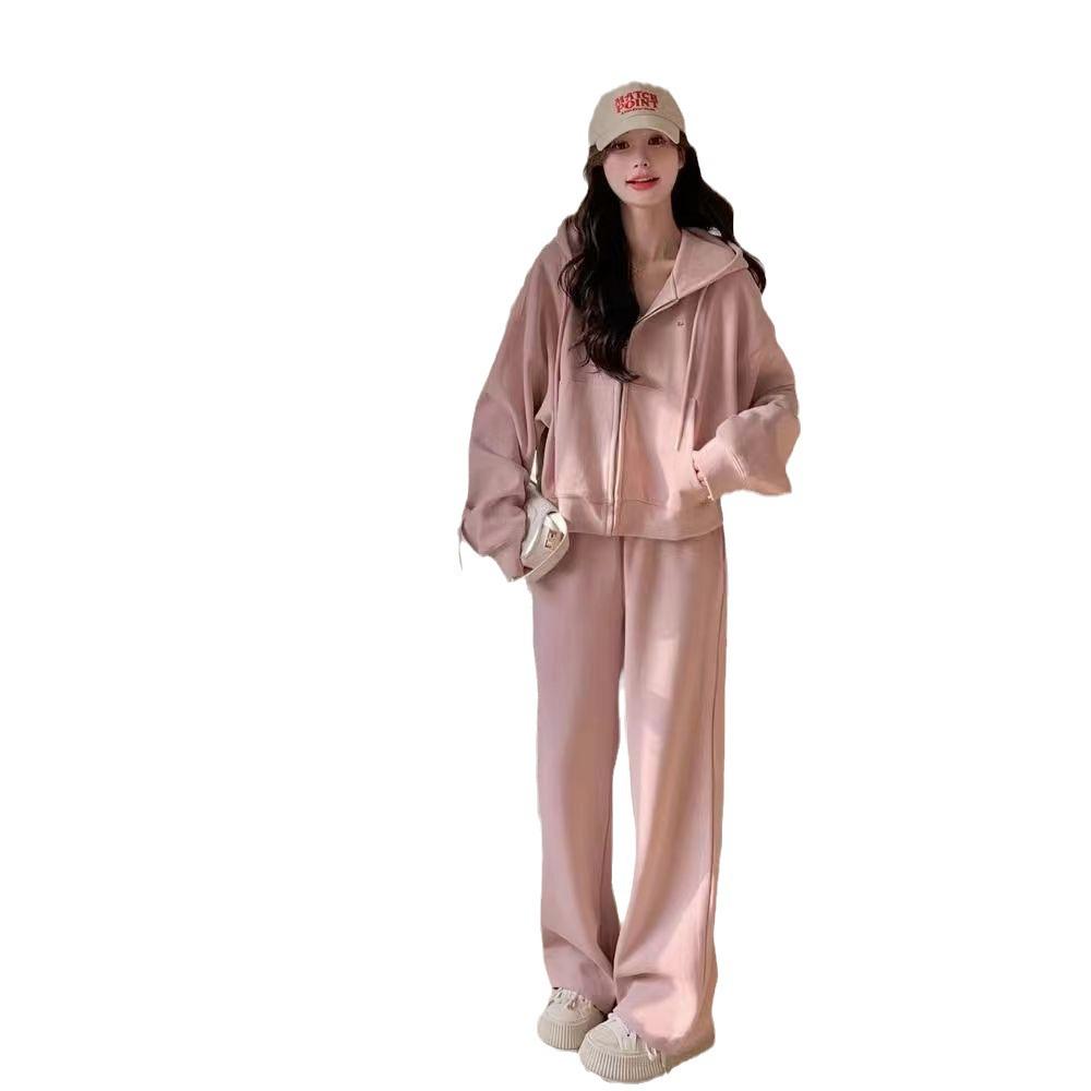 2024 Women's College Style Cotton Hoodie & Wide-Leg Pants Set - Spring/Autumn Casual Wear