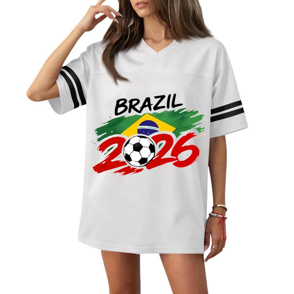 Women V Neck Short Sleeve Casual Top with Football Flag Print Loose Fit Sports T Shirt for 2026 Event Design