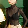 Women T-Shirt See Through Transparent Mesh Tops Long Sleeve Slim Ladies Turtleneck Silk Ruffled Edge T Shirt Lace Crop Top