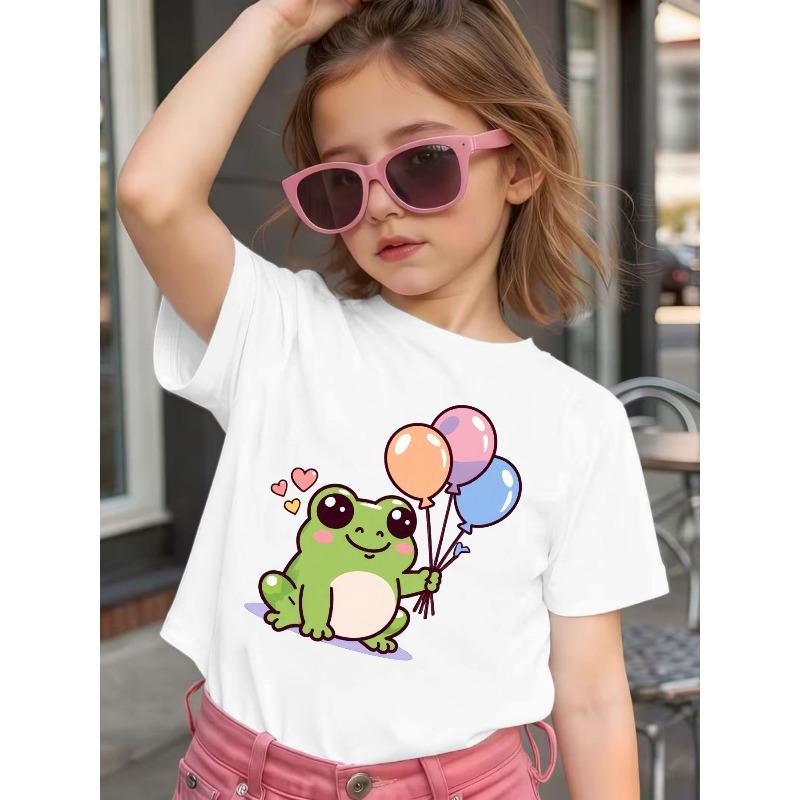 Girls  Summer Crew Neck Short Sleeve T-Shirt with Cartoon Green Frog Holding Balloons Print 110 белый