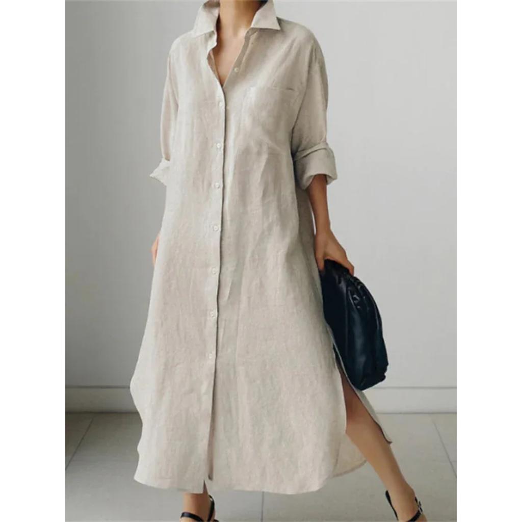 Spring and Summer Cotton and Linen Shirt Skirt Loose Irregular Shirt Cardigan Long Dress