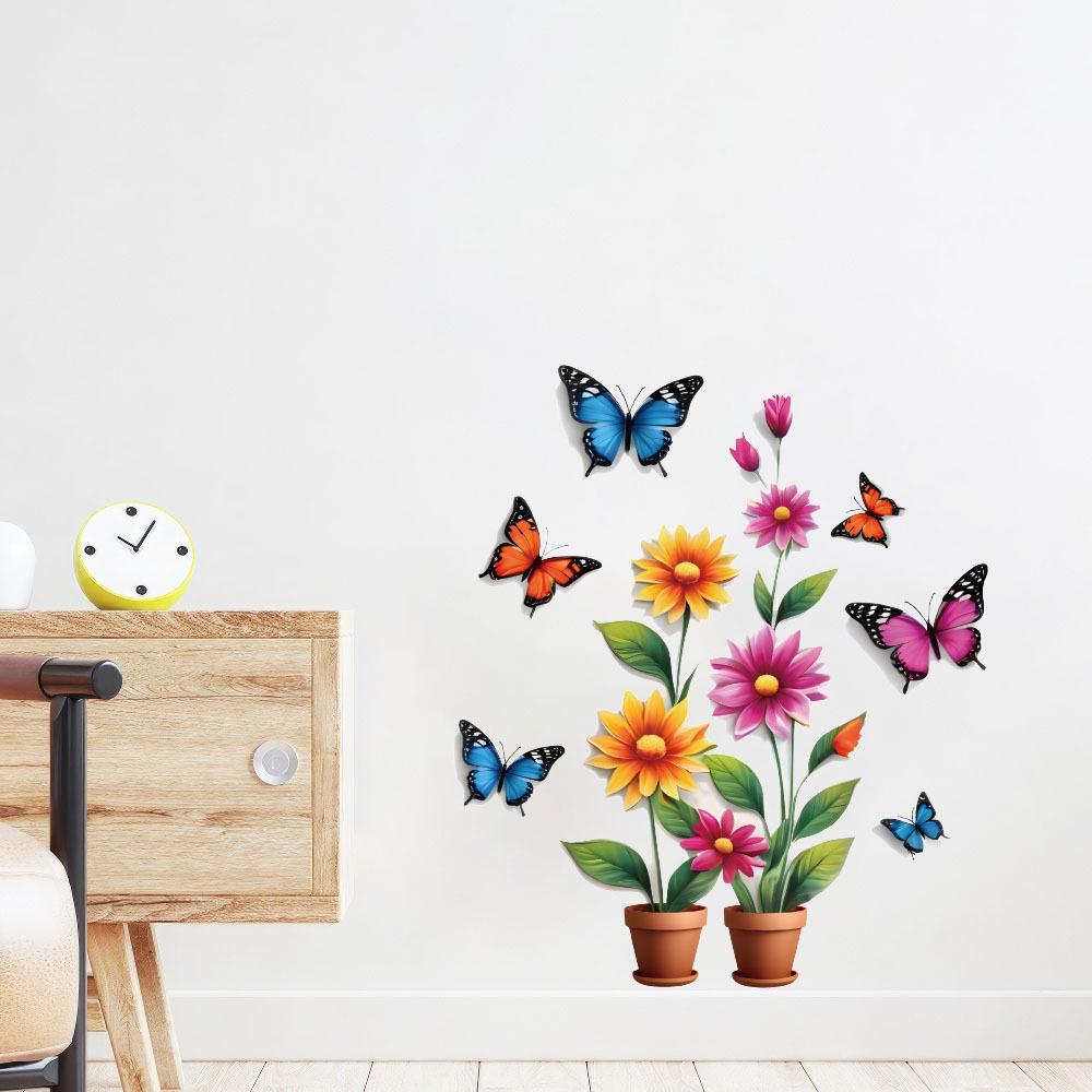 Self-adhesive Creative Colorful Butterflies Flowers Potted Plant Wall Stickers for Living Room TV Bedroom Headboard Home Decor
