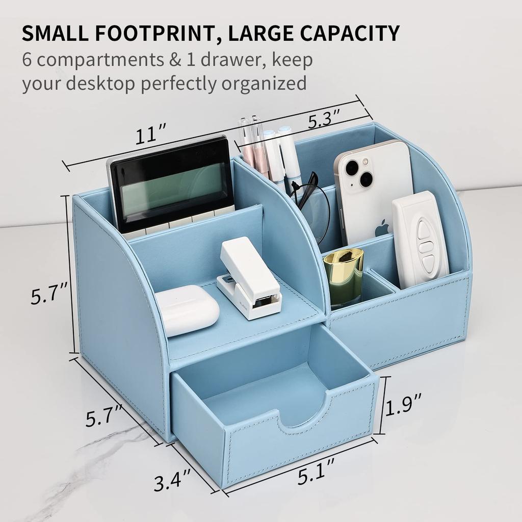 KINGFOM PU Leather Desk Storage Desktop Organizer with Stationery Remote Item Stylish Box/Case, Drawer, Pen/Pencil Holder, Stand, Control/Small