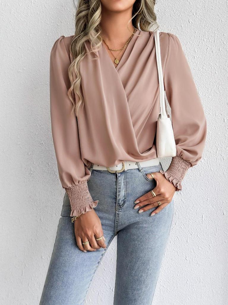 Women's Chiffon V-neck Lantern Sleeve Blouse - Solid Color Fashion Top