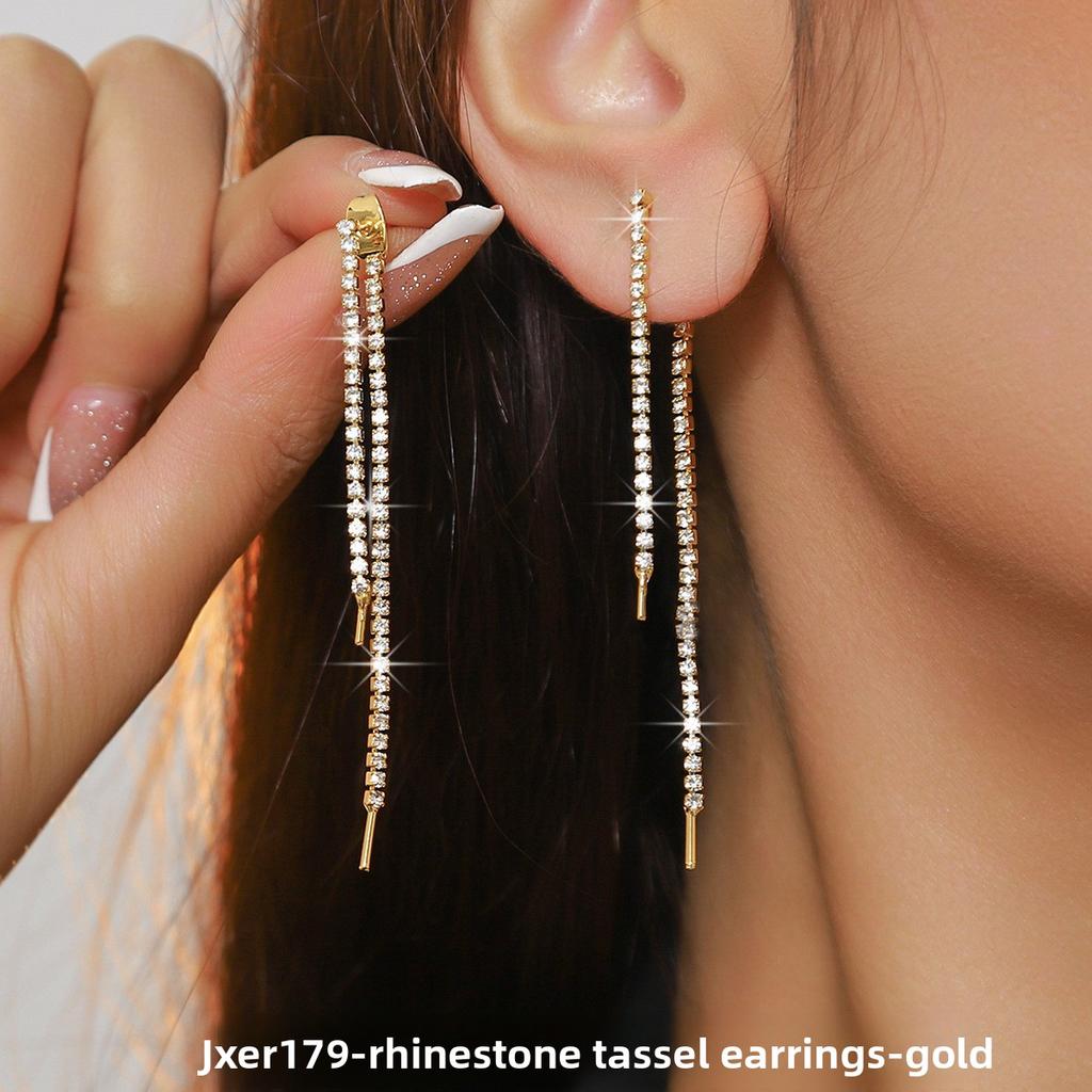 Rhinestone Long Fringed Internet Celebrity Stud Earrings, Earrings, Temperament Versatile Simple Earrings Women