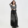 Women's Retro Black & Grey Wide-Leg Jeans with Crease Design for Autumn 2025