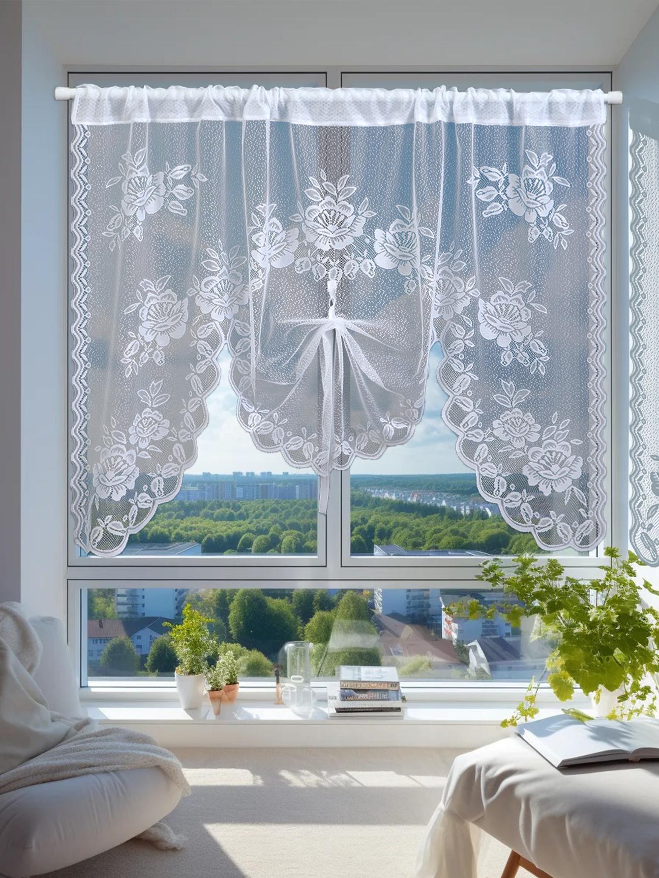 Bloemen Kant Camisole Korte Gordijnen Keuken Korte Gordijnroede Tunnel Voile Badkamer 100x150cm wit