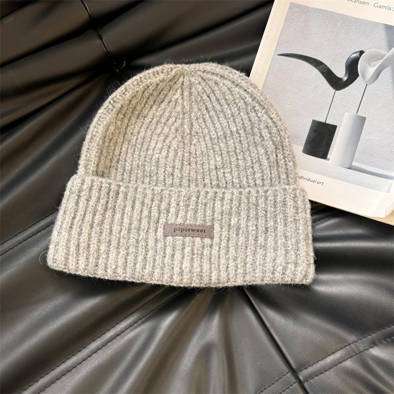 Knitted hat women's ins tide with letters small leather label warm pullover hat autumn and winter thin street ear protection cold hat