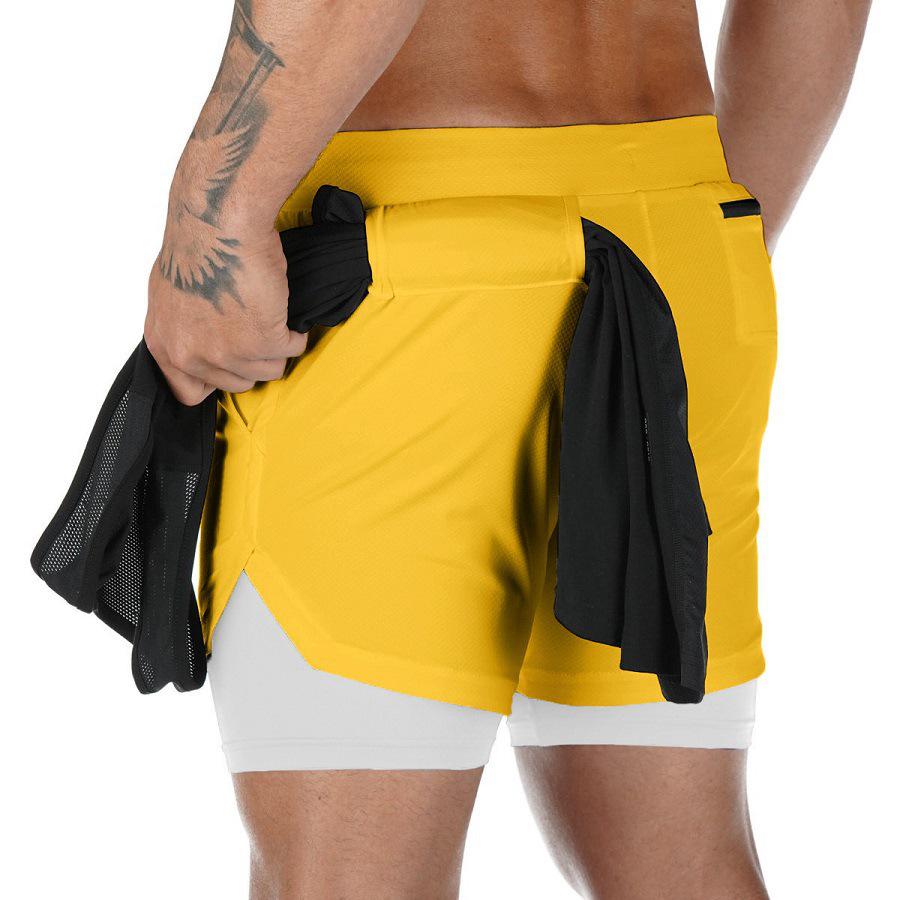 Men's Double Layer Color Block Sports Shorts with Hang Towel - Breathable, Solid Color Fitness Running Shorts.