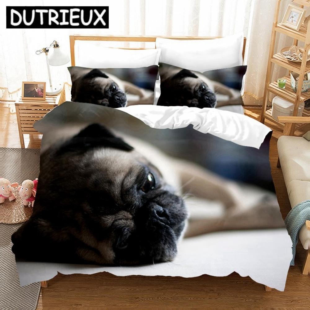 Cute Pugs 3D Duvet Cover King Size Animal Dog Printed Black White Quilt Cover Pillowcase Set Custom Bed Linen Kids Bedding Set