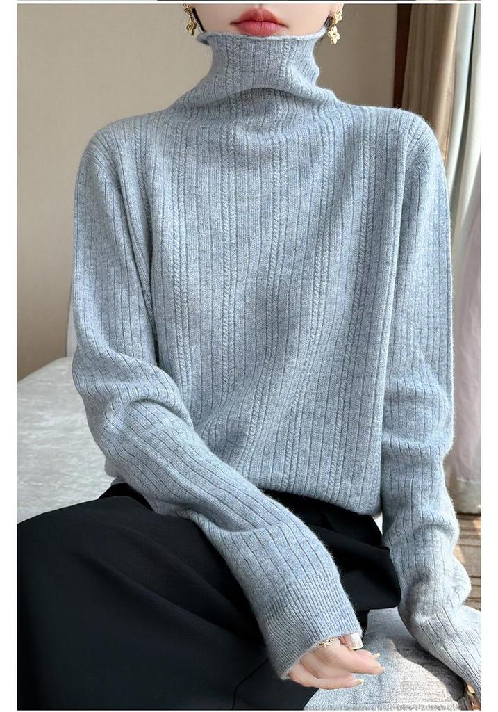 Women's Pure Wool Ribbed Turtleneck Sweater - Autumn/Winter Versatile Commuter Base Layer