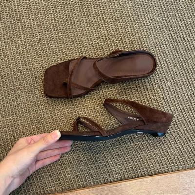 Sheepskin Version~ French Cross-cuff Toe One-word with Sandals Women's 2025 Summer Square Head Small Slope Heel Cool Slippers Outer Wear