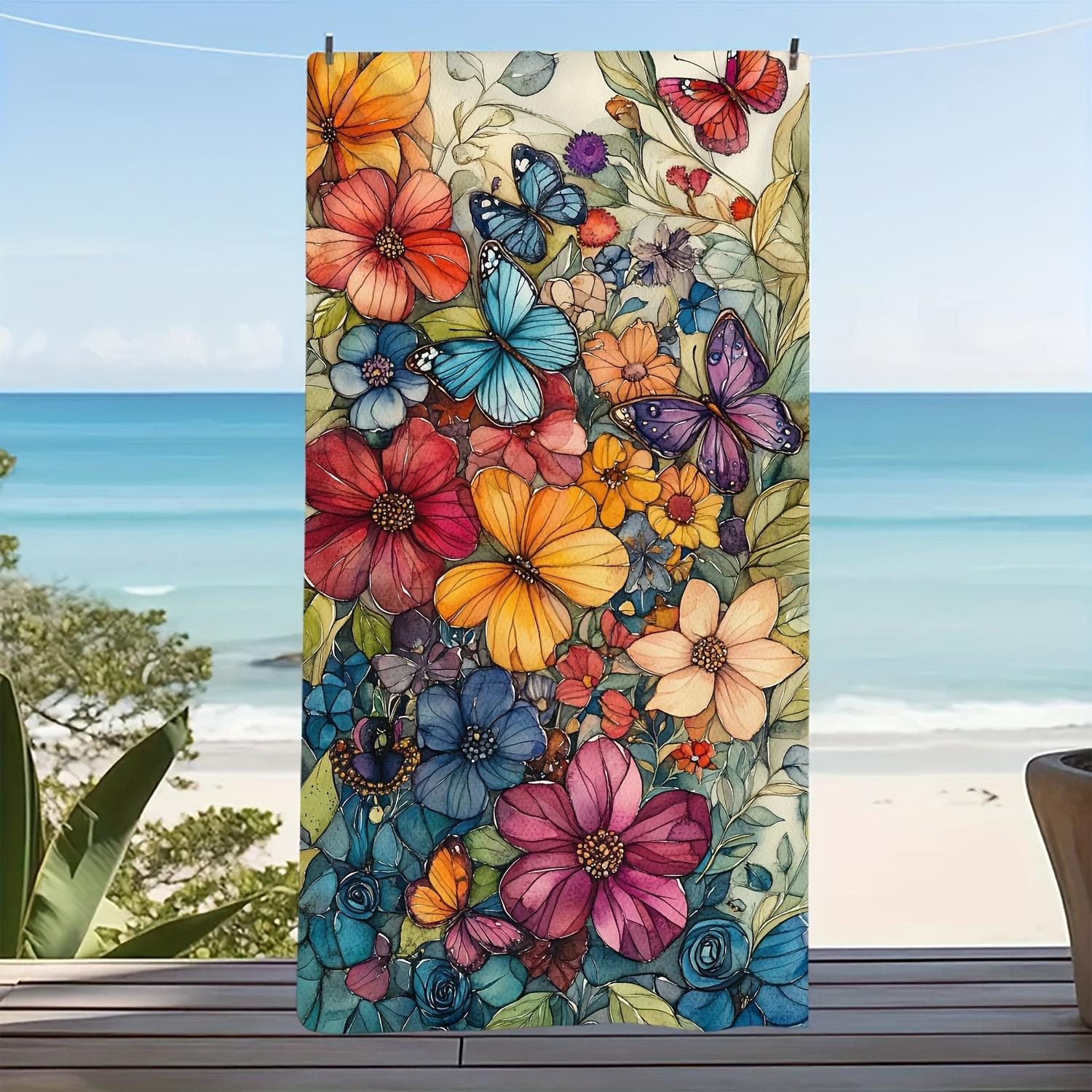 

Watercolor Flower Butterfly Beach Towel Single Sided 2D Print Quick Dry Microfiber Towel for Beach Pool Bath Boho Aesthetic Vibe W40*H60(CM)