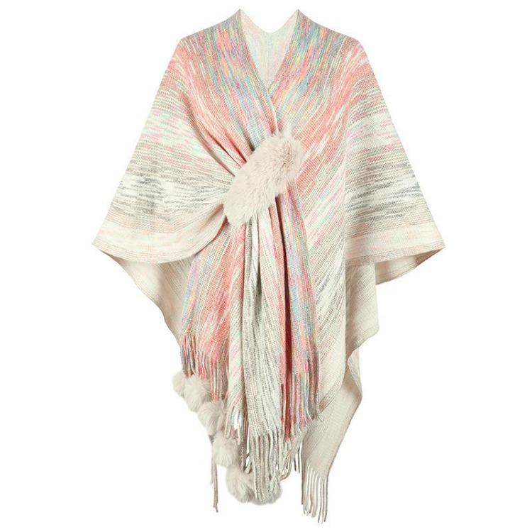 Women Winter V-Neck Loose Knitwear Cardigan Bat Sleeve Cross Border Cloak Autumn Color Collision Sweater