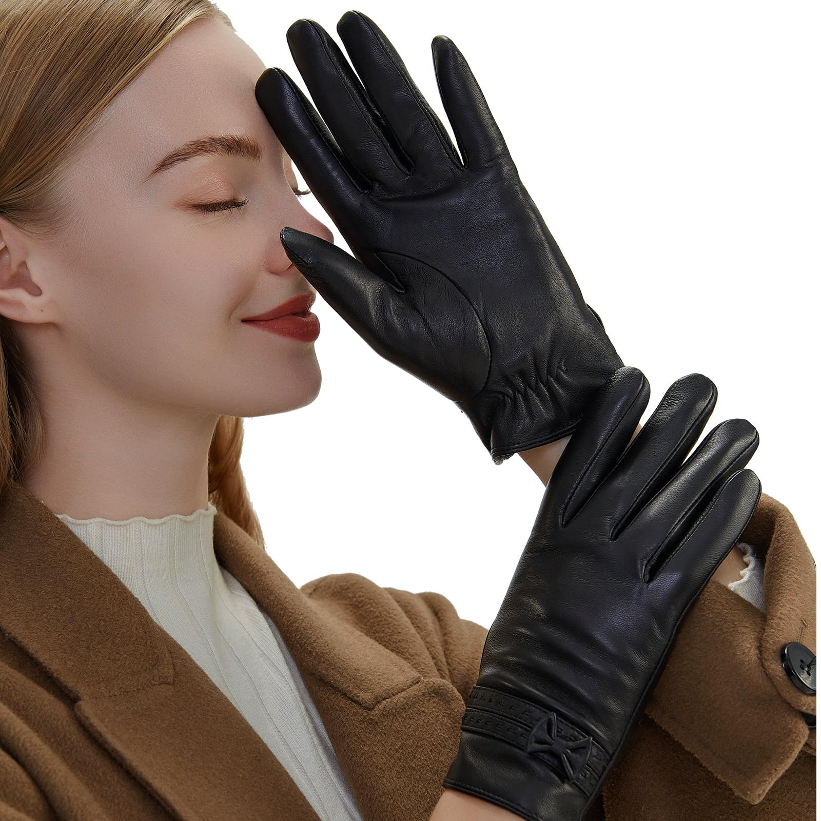 

Leather Motorcycle Smartphone Fleece Cold Knot Soft [JOOFAN] Women s Gloves, Gloves, Compatible, Commuting, School, Gift, Winter, Leather, Sheepskin, чорний