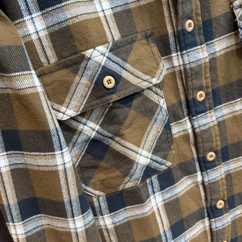 Spring and Autumn American Retro Plaid Thick Shirt, Heavy-Duty Pure Cotton Distressed Pocket Workwear Brushed Long-Sleeve Shirt for Men