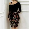 Women Plus Size Asymmetric Cold Shoulder White Red Vintage Floral Print Wrap Bodycon Midi Dress