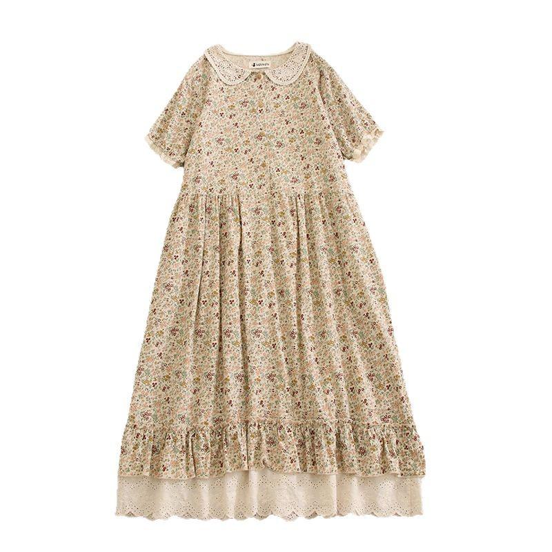 Mori Girl Blommig dockkrageklänning med lös passform och lapptäcke i spetskant