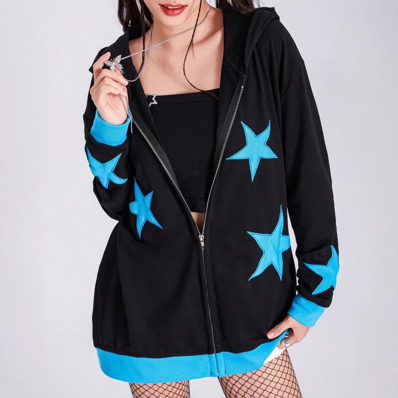 Womens Winter Hooded Zip-Up Sweater With Star Patch Print Streetwear Knit Top